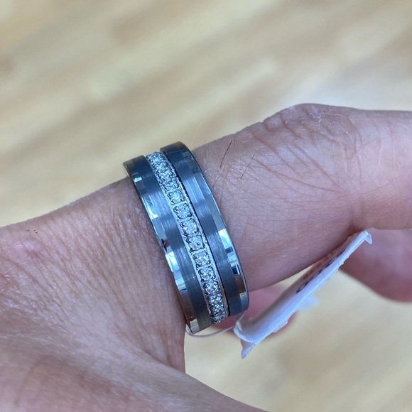 8MM PIPE CUT CZ ETERNITY TUNGSTEN WEDDING BAND - Picture 4 of 8